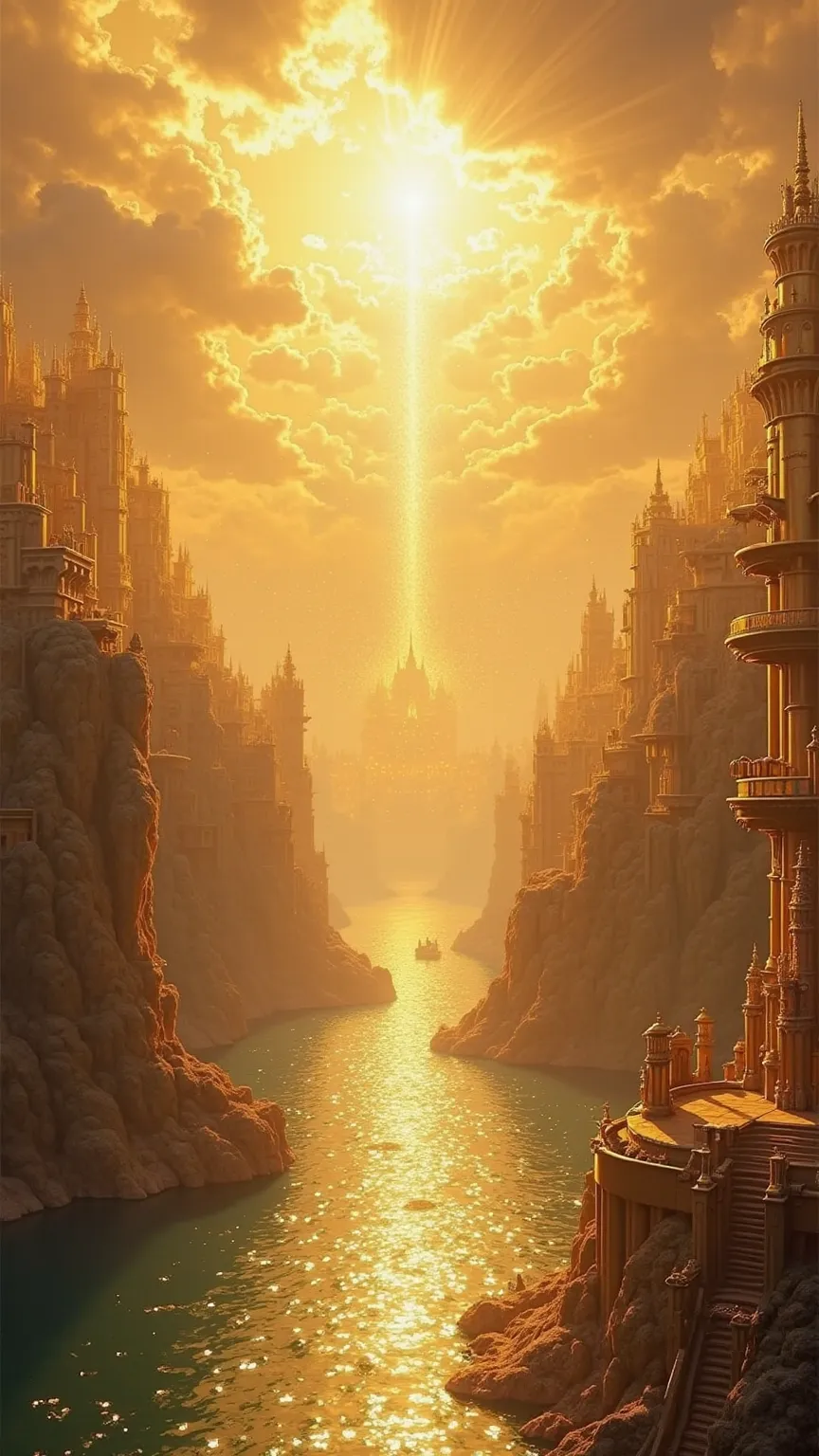 A golden city with shimmering walls and glowing streets. A majestic river of pure water flows through the scene, shines while choirs of angels float in the air. In the distance, the throne of God, surrounded by heavenly glory.
