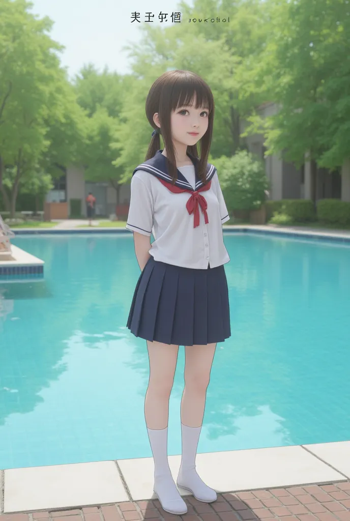 1 girl,
 school uniform、 skirt、white high socks
school pool