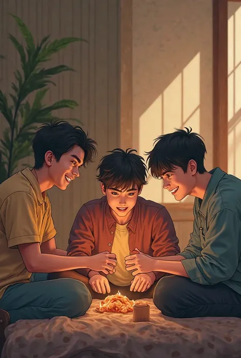 Young  and men sitting in room, play together, shadow