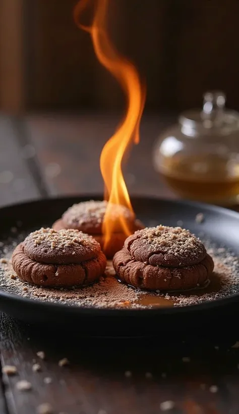 Hgraphic elements, Dynamic Light, Cinematics, HDR, UHD, professional PHOTOGRAPH OF:

“Sizzling Hot Presentation”: Present the chocolate crisps on a stylish black ceramic plate, with a small flame flickering beneath them using a gentle brûlée torch. Capture...