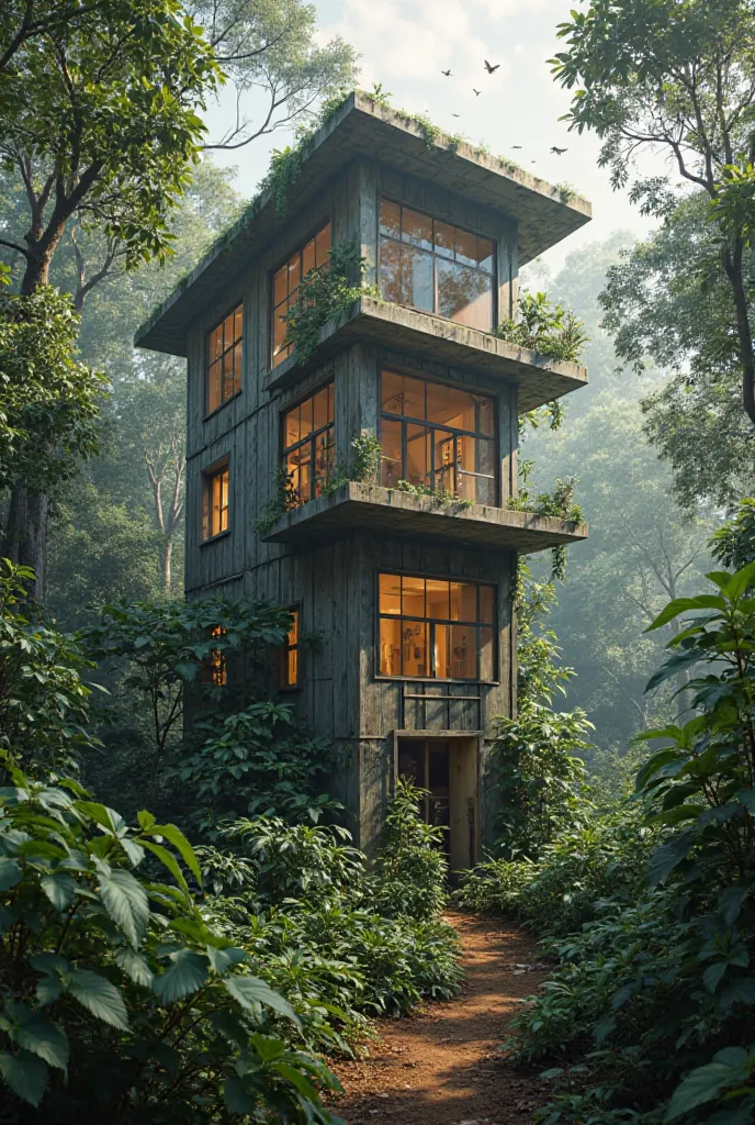 An observation shed that does not look like a house but tall to observe the birds of the Amazon forest must be tall and simple not a house