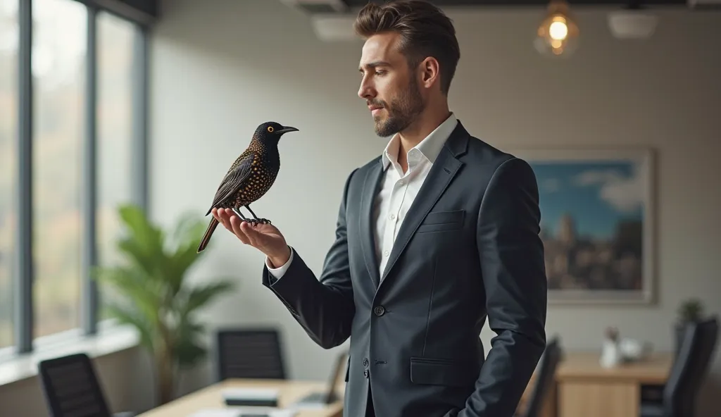 An employee wearing a suit stands with a smiling starling in the office