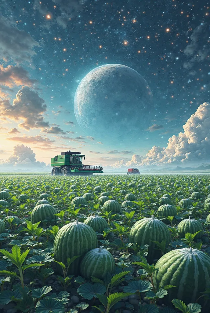 Watermelon field, working winds in the field, immature watermelon seedlings, ice on the tops of the shelters, Combine real top , Cosmic 