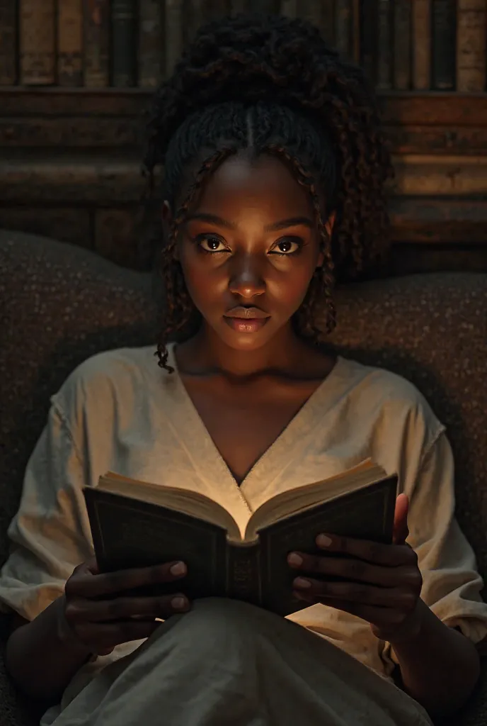 Pretty girl with black skin sitting reading the book The King's Chains 