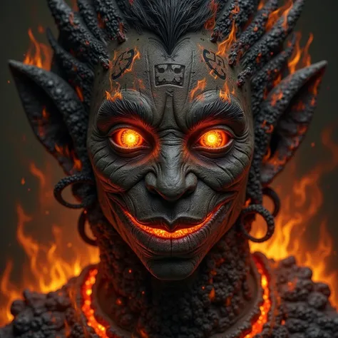 creates an image of a face of a being with big eyes of fire, It has no nose it is a membrane and the mouth is like a long smile like a cut to the ears, he has skin like volcanic rock with strange runes tattooed, He is surrounded by black flames that make h...