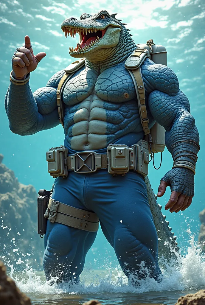 (A rugged beefy extremely muscular bulky snariling crocodile man), (wearing blue skintight fully-zipped wetsuit with short swimming pants that show his muscular thighs), thumbs up pose, wearing white bulky harness and utility belt, wearing bulky scuba gear...