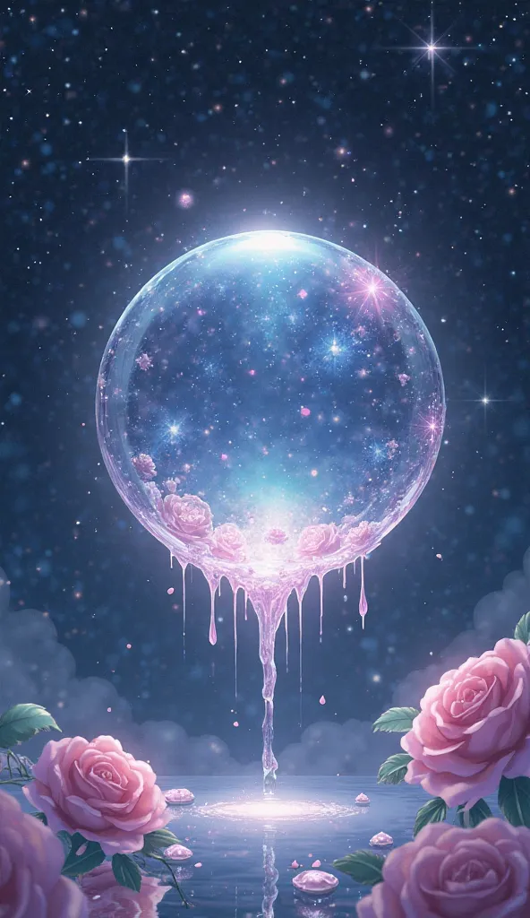 (masterpiece), best quality, Anime, Illustration, (Floating Sphere, Crystal, Magic, Reflection, Melting, Dripping, Pink Rose), Black Background, No Humans, Starry Theme, (Light Refraction), White and Pink Theme, Natural Lighting, Verynsty