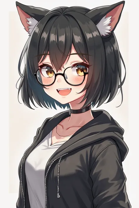 a chubby girl of 80 kg, white, black hair, wolfcut hair medium, alt, glasses, smiling, small breasts, anime