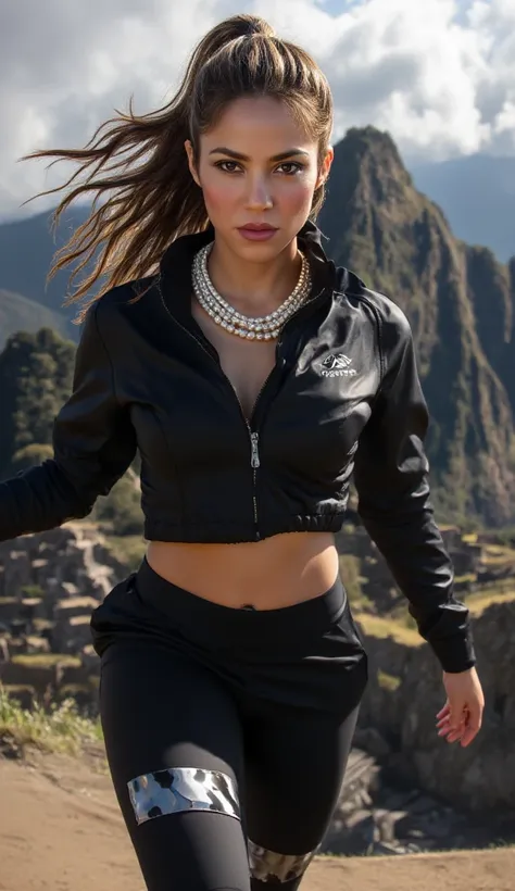 dynamic photoshoot of a BEAUTIFUL woman at Machu Picchu summit, (full-body dynamic poses),  elegant pearl necklace (Akoya pearls with platinum clasp perfectly hugging neckline), sporty-chic outfit: cropped black windbreaker with deep neckline (technical fa...