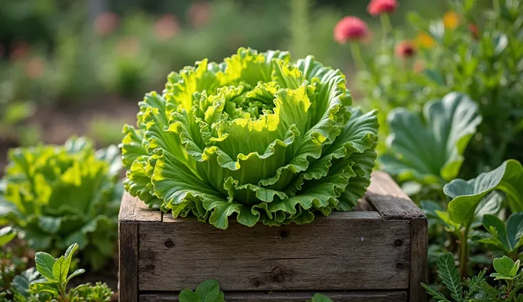 Lettuce is placed on a wooden box in the middle of the garden.