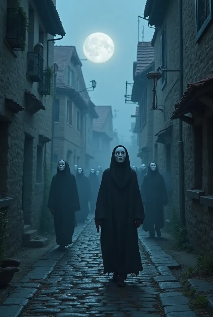 Spectral figures with white masks parade through cobblestone streets of a medieval town under the full moon. Their movements are inverted reflections of sleeping villagers.  style:  Surrealist photography , faint lighting with elongated shadows,  blue and ...