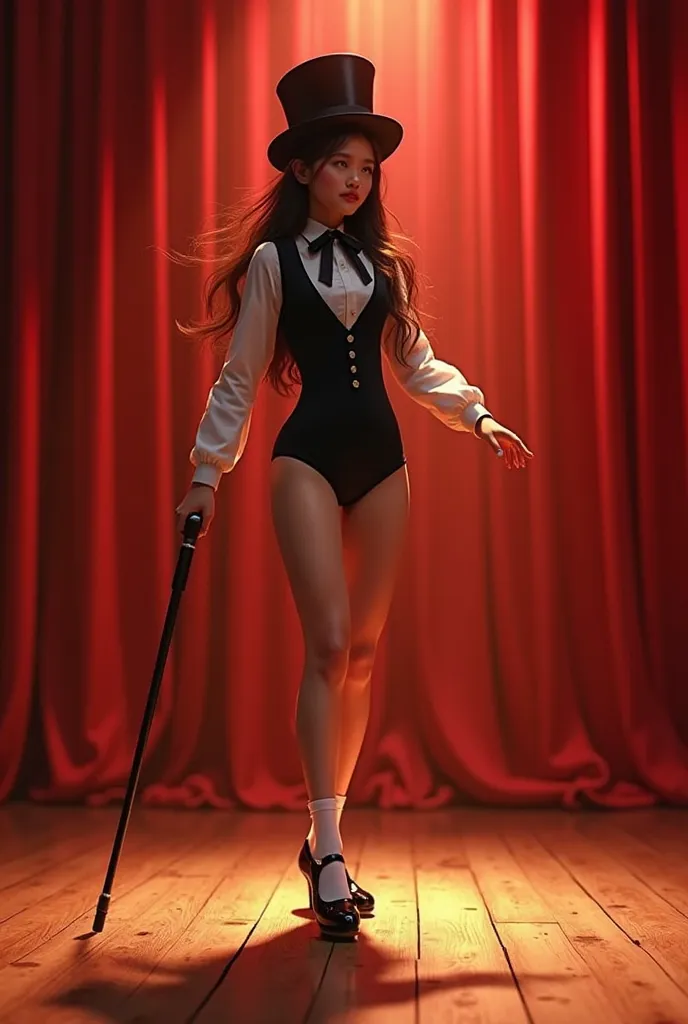 filipino college student girl, with long hair in a leotard, and shiny sharp black mary jane tap shoes with white socks, practicing tap dancing on stage, red curtain background, good lighting, black bow tie with a white collar around her neck, black top hat...