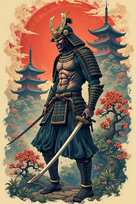 Full body samurai design with mask and side for tattoo in oldschool style with oriental background 