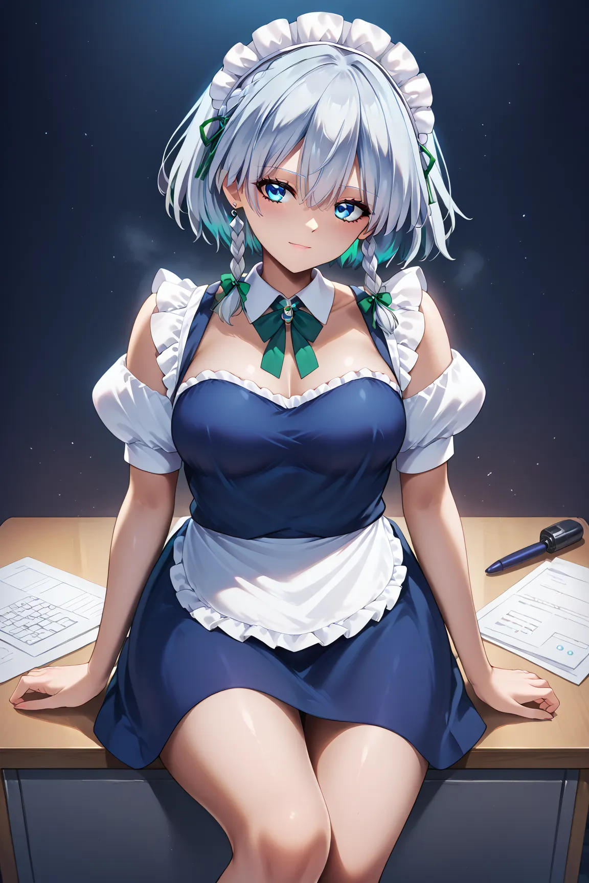 Absard Dress, High Resolution, masterpiece, Highest quality, Great image quality,
 Sixteen Night Sakaki Night , 1 girl, Alone, silver hair short hair braids、green ribbon blue eyes,medium breasts, maid headdress, apron, puff sleeve, viewers, nsfw, Masterpie...