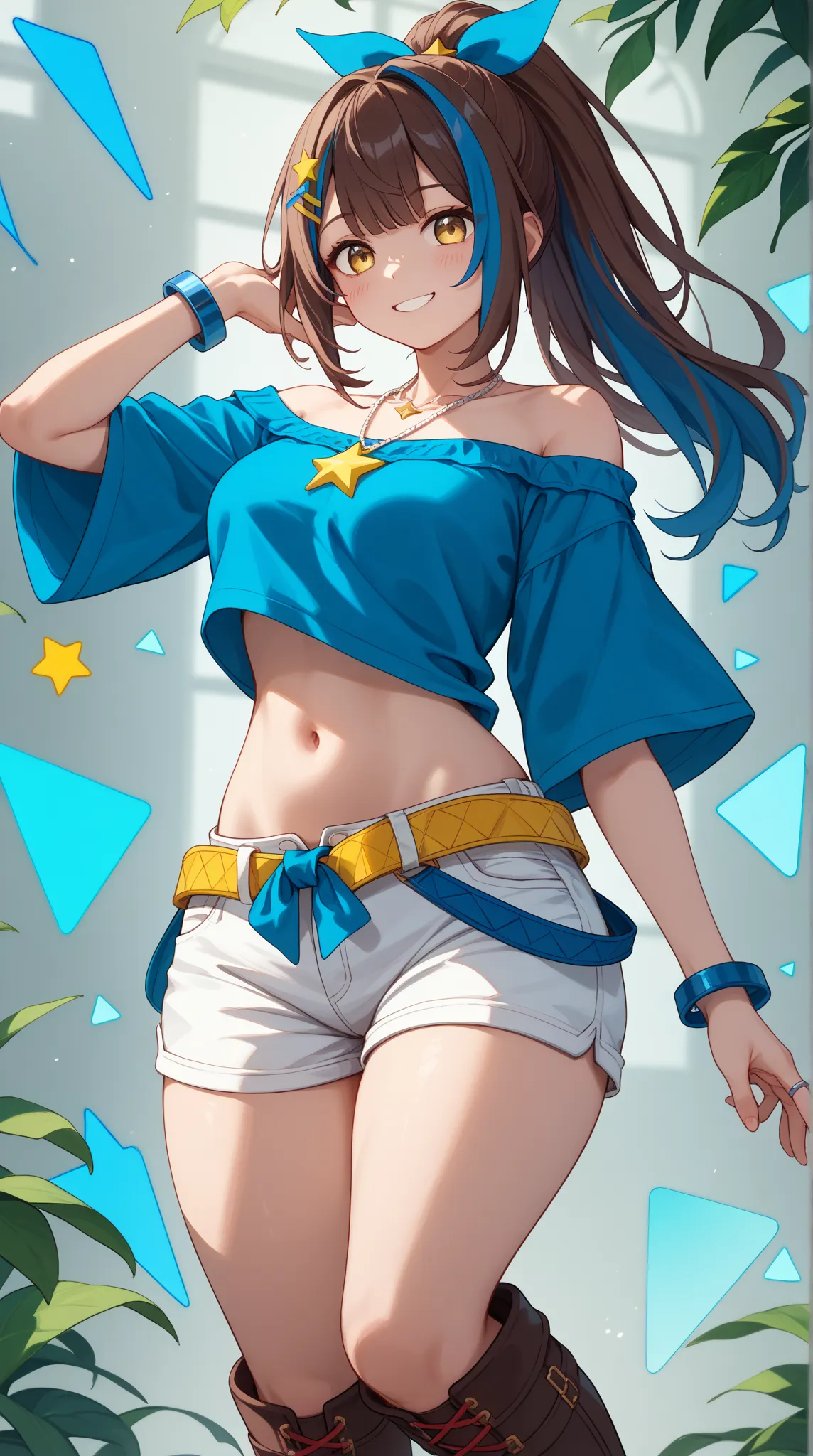 1 girl、Red dark brown hair、((blue streaked hair)), (blue highlights hair)、 star-shaped hairpin with bangs split to the right、 gal、((blue off-the-shoulder shirt))、(( White Hot Pants))、((white shorts))、square necklace、Fluorescent light blue ribbon ring on ri...