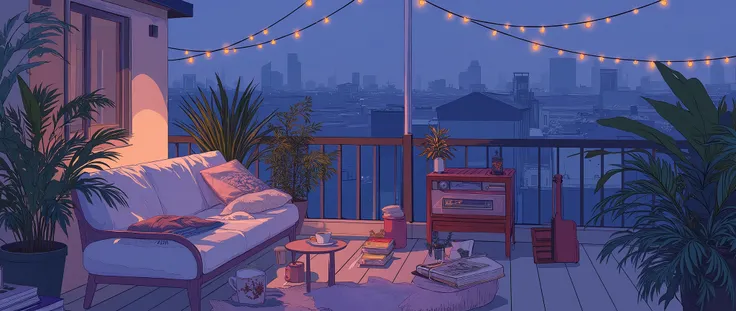 Rooftop at night、nighttime scene、outside of house、with no people、Calm and meditative atmosphere、houseplant、Lo-fi atmosphere、String Light、Cozy sofa、Pink radio with retro design、Hot coffee on the coffee table、Warm blanket、 books、There is an acoustic guitar、
