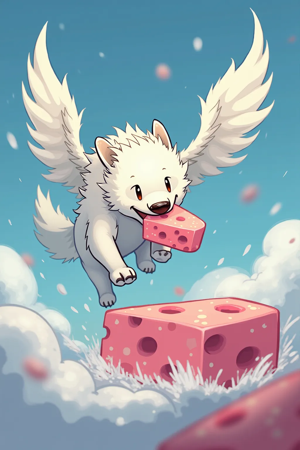  White polar wolf with big wings   ,   chases a pink cheese bridge and has fun doing it . "Kääse   ..  Where is my cheese    ...   I can already catch you  ."  Has a particularly large piece of pink cheese in its mouth. "and. caught ."
  high resolution , ...