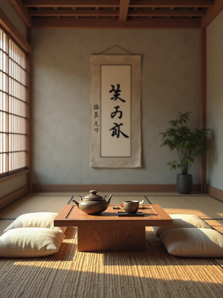 quiet物 日本和室 日本矮桌 和室牆面掛字畫 畫中書法((quiet)) Indoor Lighting Dim Table Placing Tea Ware Japanese Mat Floor Grass Seat Cushion