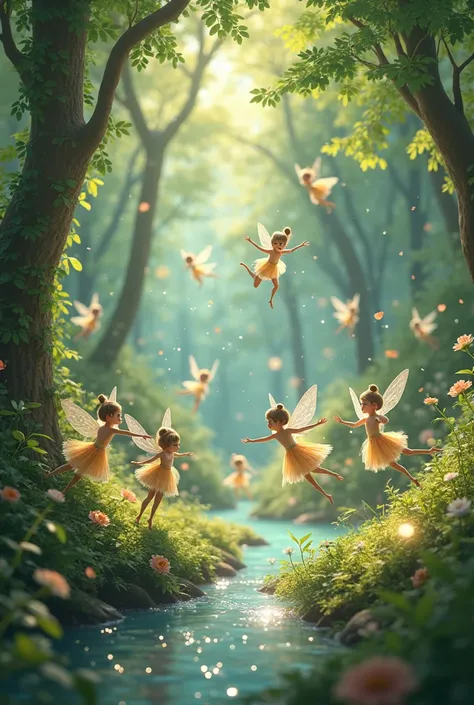 Make an animation image of many fairies playing together 