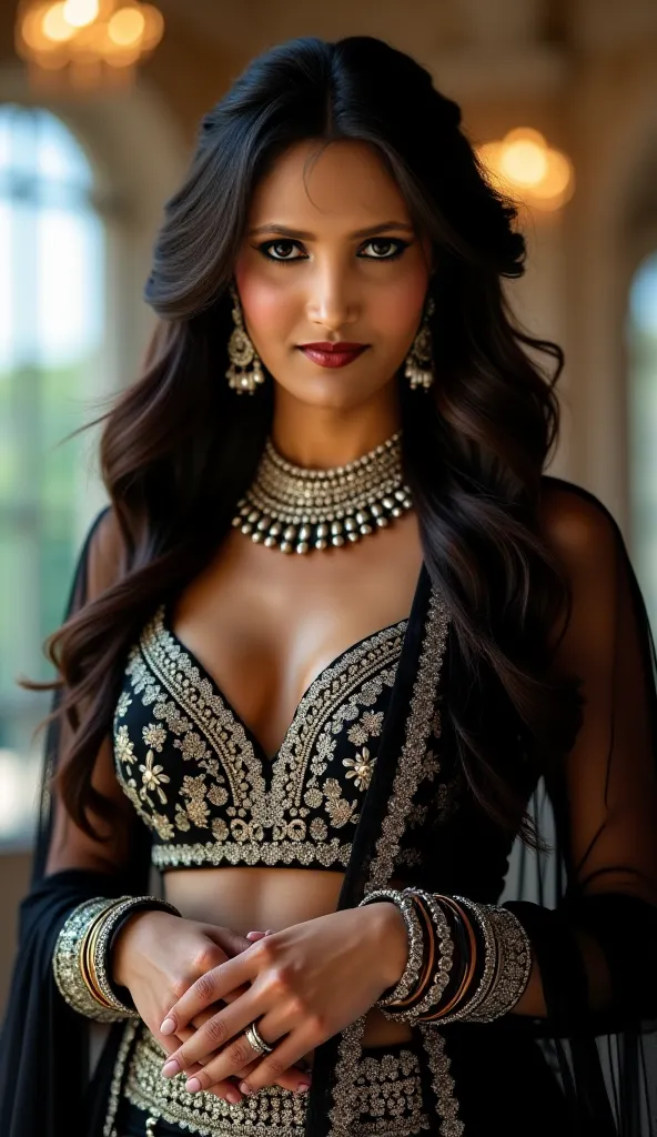 full-body portrait of a stunning Indian woman, looking at the viewer, wearing an intricately designed black and silver lehenga, adorned with elegant jewelry including a necklace, earrings, bangles, and a waist chain, seductive pose with a confident and all...