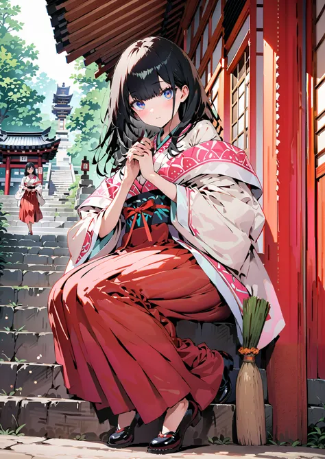 It's because of Rikkata, black hair, blue eyes, long hair, Orange Scrunch , scrunchie , List Scrunch, shrine maiden costume, white kimono ,Red Hakama,I'm cleaning the stairs with a bamboo broom with both hands,noon,full bodyがillustrationsに入るように, ...
