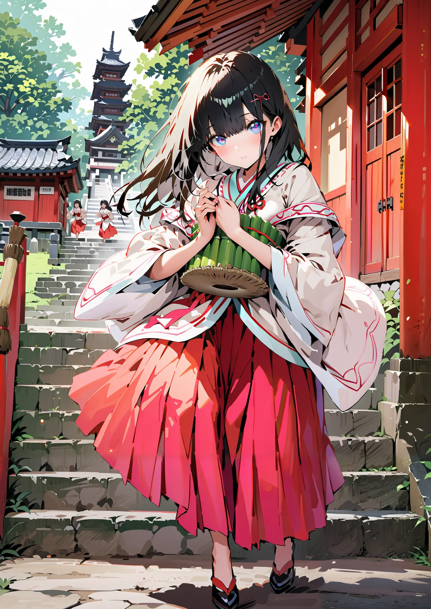 It's because of Rikkata,   black hair,  blue eyes,  long hair,  Orange Scrunch , scrunchie , List Scrunch, shrine maiden costume, white kimono ,Red Hakama,I'm cleaning the stairs with a bamboo broom with both hands,noon,full bodyがillustrationsに入るように,      ...