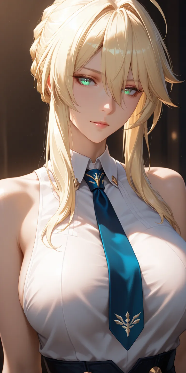 Masterpiece, very aesthetic, vibrant, high contrast, highres, elegant mature woman, artoria pendragon (lancer), upper body, sleeveless collared shirt, tie, side boobs, soft light, best quality, semrealistic, honkai: star rail cg style