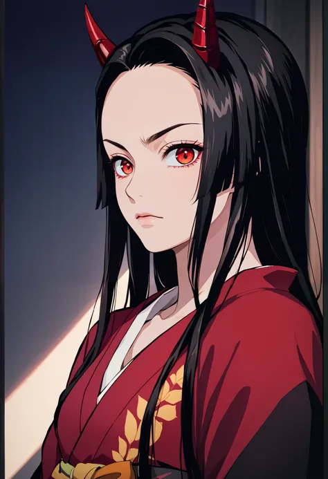 score_9, score_8_up, score_7_up, (Demon Slayer, Kimetsu no yaiba style), (nezuko kamado), (upper body, portrait), (1girl, solo), (black long hair, straight hair, forehead), red eyes, (red demon horns:1.4), (beautiful face, serious expression, looking at vi...