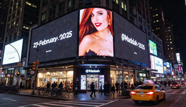 The image shows a night scene in a busy city, most likely New York City due to the urban atmosphere and large digital advertisements.

In the center of the image is a large billboard showing a woman with long red hair and a seductive smile, wearing a beaut...