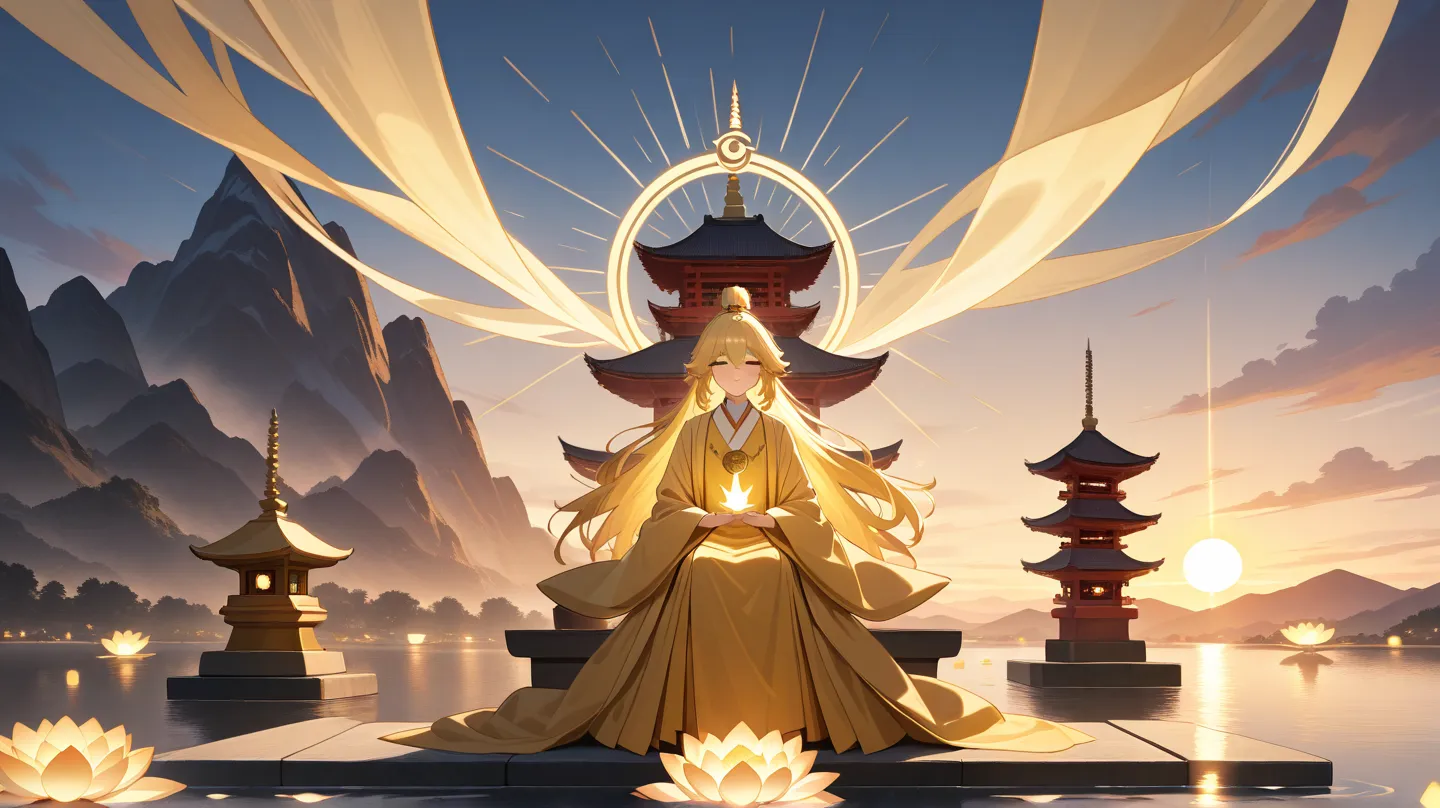 A group of ancient Chinese monks, dressed in flowing golden and saffron robes, meditate on a misty mountaintop at sunrise. Their serene faces reflect deep spiritual wisdom as they sit in the lotus position on ancient stone platforms. Behind them, a towerin...