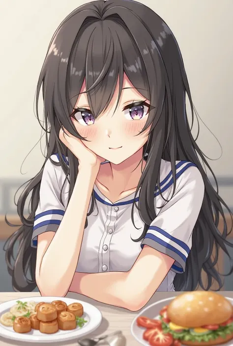 moe style,((food with one hand on my cheek)) I'm satisfied with eating　straight hair that reaches the shoulders - (Short sleeve襟付ボーダーシャツ)（((Short sleeve))） - Onyx　striped collared shirt　 Long Hair　Short sleeve　Anime Picture　 hair is unraveling after vagina...