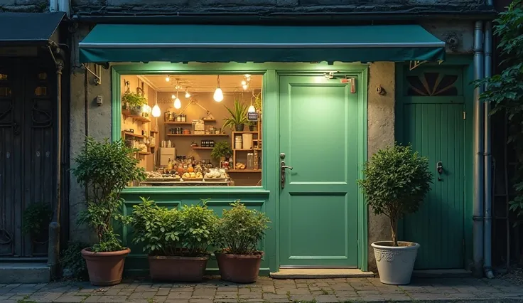 in a dark alley at night, in a small, retro atmosphere, the entrance door is mint green, and plants are colored in front of the store where the door is closed々A mint green hideaway with a gentle light placed