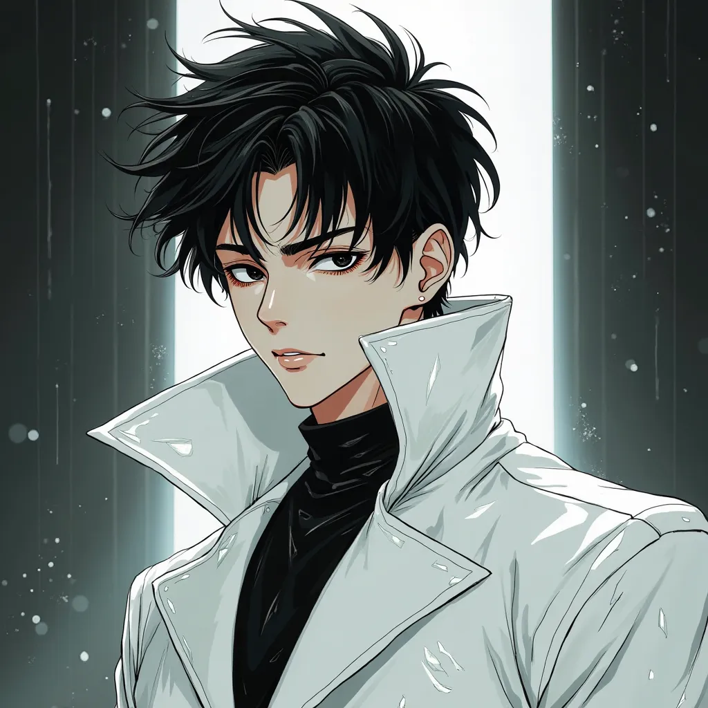 "A male character with thick, bold outlines, giving off a complex villain vibe similar to Johan Liebert. He has messy black hair and deep, piercing black eyes that exude an unsettling calmness. His expression is a charismatic yet eerie smile, subtly maskin...