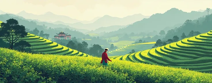 Rice terraces are required，Illustration of a tea field with clear lines，tea picker，William Morris style illustration，There is a Chinese building in the distance， Clean picture ，8k