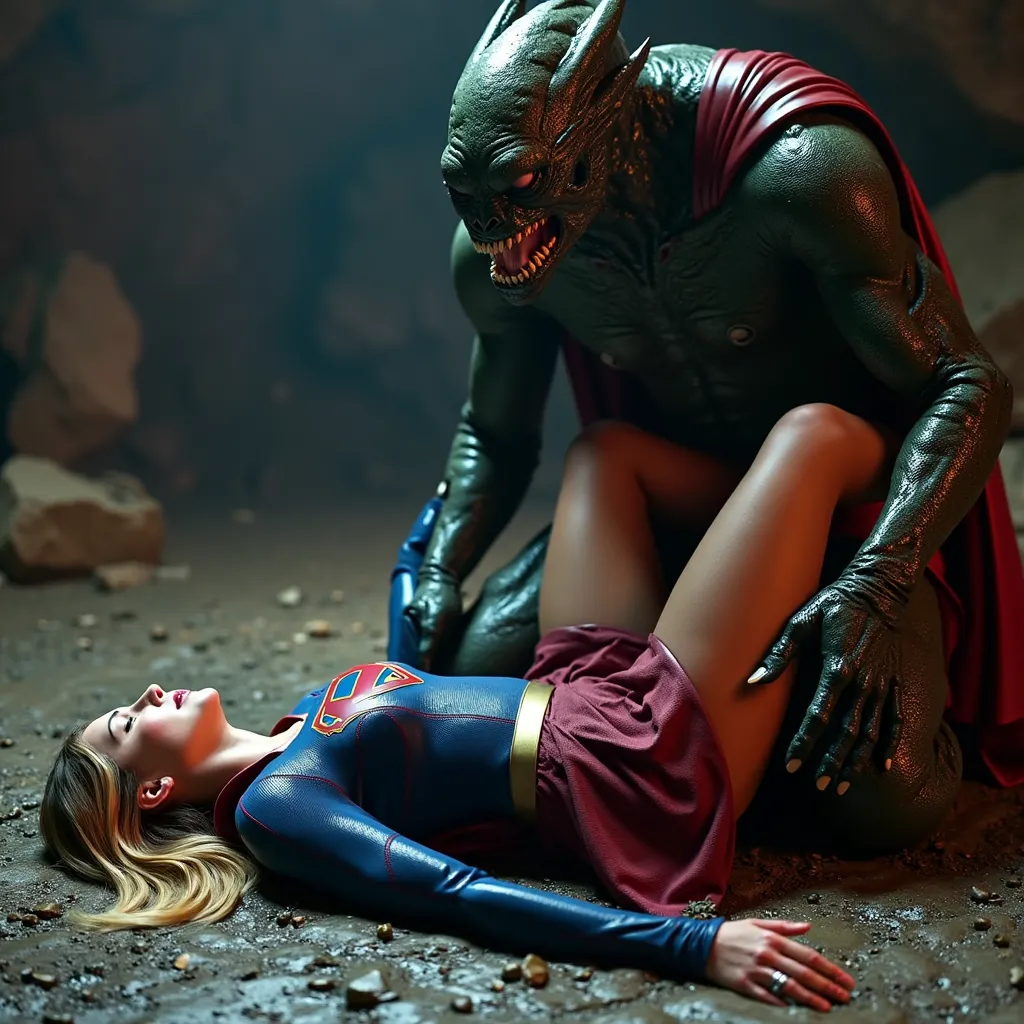 Supergirl is raped by an alien monster, very bright white skin, her legs are wide out, can see whole body, She is wearing a thin black pantyhose, short red skirt, red knee height long boots, blonde hair, She is unconscious, eyes close, seriously injured, p...