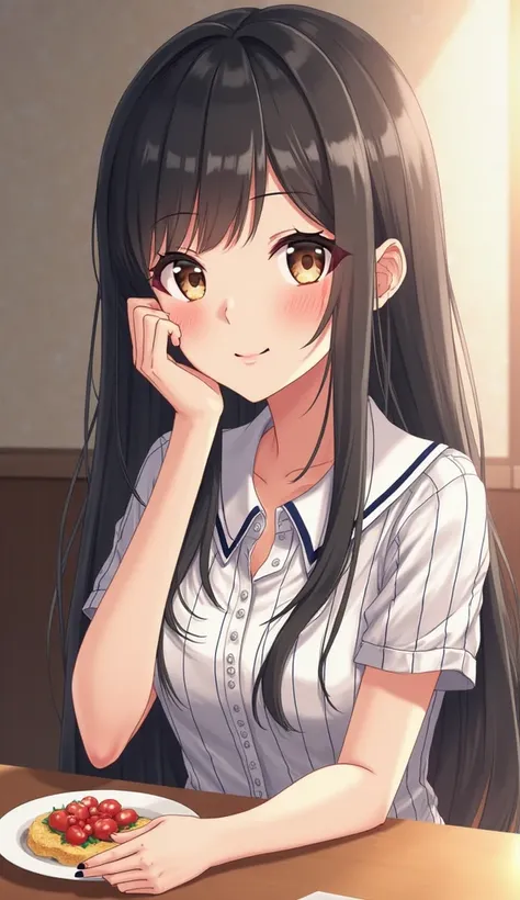 moe style,((food with one hand on my cheek)) I'm satisfied with eating　straight hair that reaches the shoulders - (Short sleeve襟付ボーダーシャツ)（((Short sleeve))） -vertical stripes　striped collared shirt　 Long Hair　Short sleeve　Anime Picture　 hair is unraveling a...