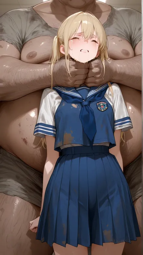 A huge fat man strangles a girl with his hands、dirty dressed giant and fat、 abnormally bulging hips、girl in uniform crying and suffering、Slim Girl 、