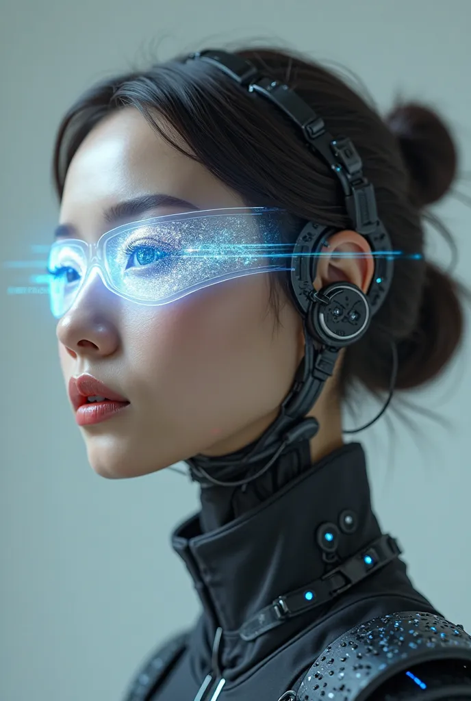 (photorealism:1.2), generic normal person head with a magical neural implant and holographic displays shrouding their eyes in light and device on the back of their neck and over their ears, the person is NOT a robot, technological devices on the outer part...