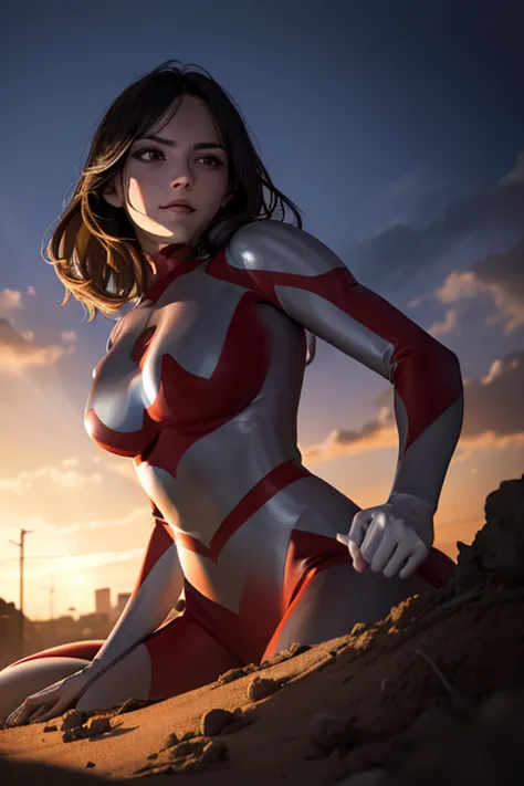 A Hero Landing,Female Heroes, female Ultraman ,The scene where they land and appear,Big Breasts,The background is a scene of a big explosion