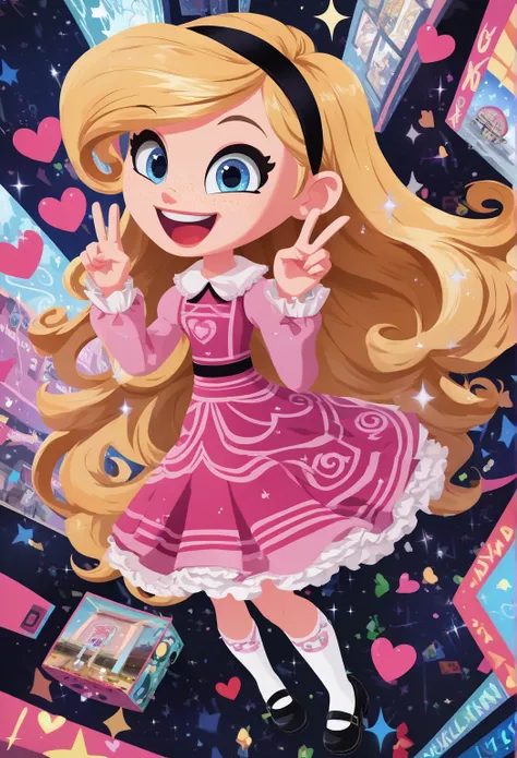 1girl, full body, solo, penny peterson, long hair, blue eyes, freckles, blonde hair, skirt, hairband, black hairband, white long tube socks, dress, pink dress, long sleeves, Mary janes, black Mary janes, score_9,score_8_up,score_7_up,score_6_up,score_5_up,...