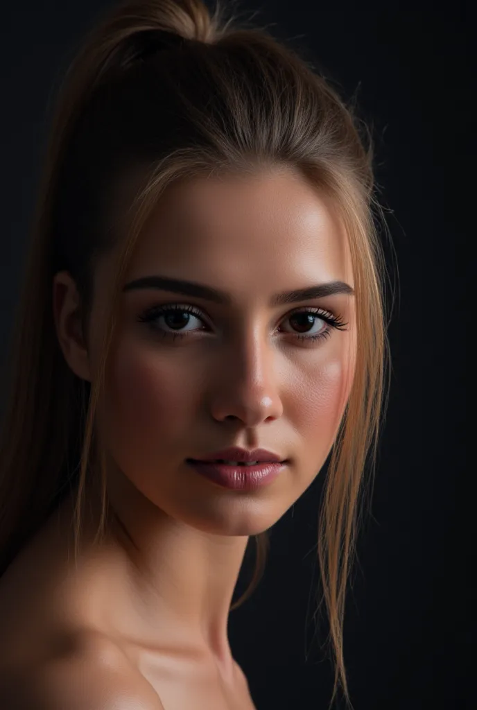 professional photograph of a 35 year old model, masterpiece, best quality, highly detailed background, beautiful evil slavic slim with small breasts woman, pale skin, ((long light brown straight hair)), hair gathered in a high ponytail, ((in black strict c...