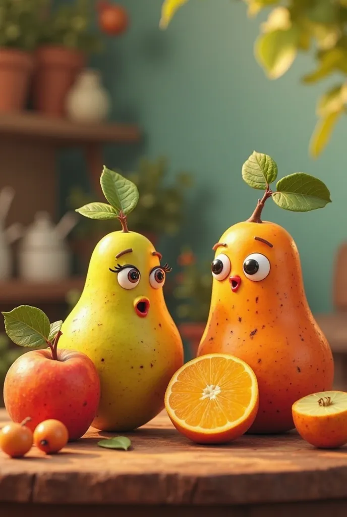 "Ek animated scene jisme alag-alag fruits (jaise aam, seb, kele, angoor, tarbooz) ke chehray bane hon, jinmein aankhein, moonh aur eyebrows ho. Yeh fruits human expressions dikhayein—hans rahe hon, baat kar rahe hon aur expressions change kar rahe hon. Unk...