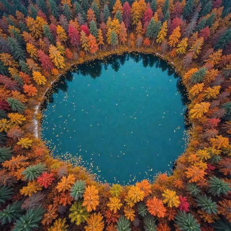 A breathtaking aerial view of Thang Hen Lake, surrounded by a mesmerizing palette of autumn colors. The dense forest now glows in shades of crimson, gold, and amber, contrasting beautifully with the cool sapphire-blue water. Leaves drift gently across the ...