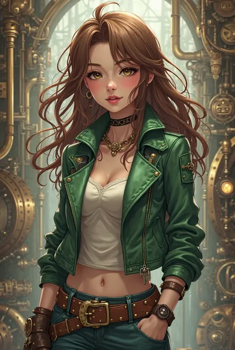 anime girl, green jacket, brown hair, belt, steampunk, standing