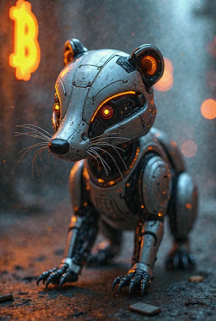 Photo of a stylish futuristic robotic badger bitcoin money lights fire