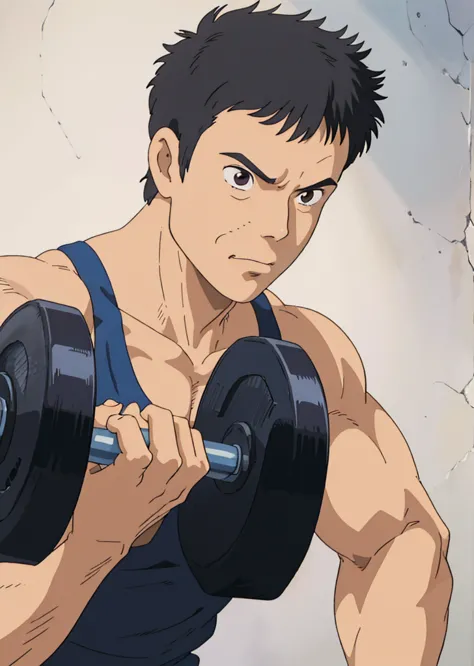 a close up of a man lifting a dumbble with a barbell, muscular!!, sankakucomplex anime image, muscular!, kentaro miura manga style, okabe rintarou, in the anime film, kentaro miura manga art style, in an anime, kentaro miura style, shuushuu anime imageghib...