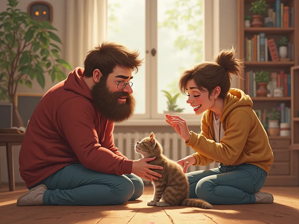 realistically portray a funny Russian guy and girl, who are playing with a cat in an apartment