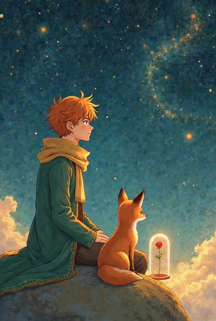 
Create an anime illustration of a 
Man with  soft orange hair and sweet dark brown eyes, dressed in a flowing green coat and a golden scarf, sits peacefully on a small round planet, gazing at the vast, starry cosmos around him. His expression is serene, f...