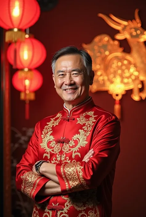 "A middle-aged man in his 40s stands confidently, facing the camera with a warm and proud expression. He is dressed in a traditional red Chinese New Year outfit, either a changshan or a Tang suit with golden embroidery, symbolizing luck and prosperity. The...