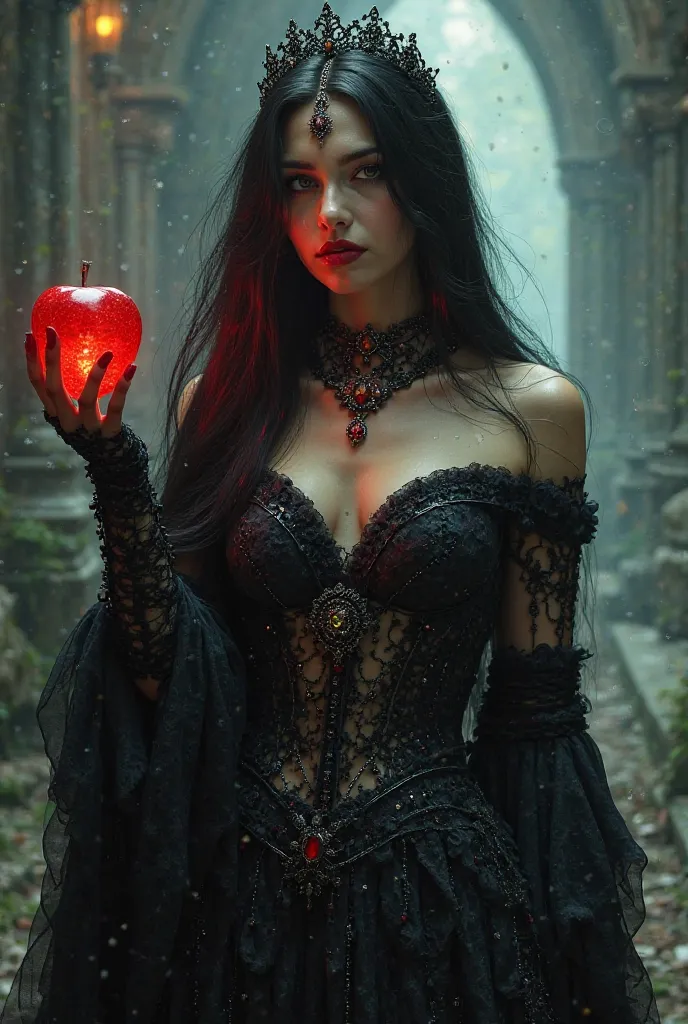 Girl,Black long hair，Black Queen，accessories，Apple in hand，Poison apples，Witch Queen，Red lipstick